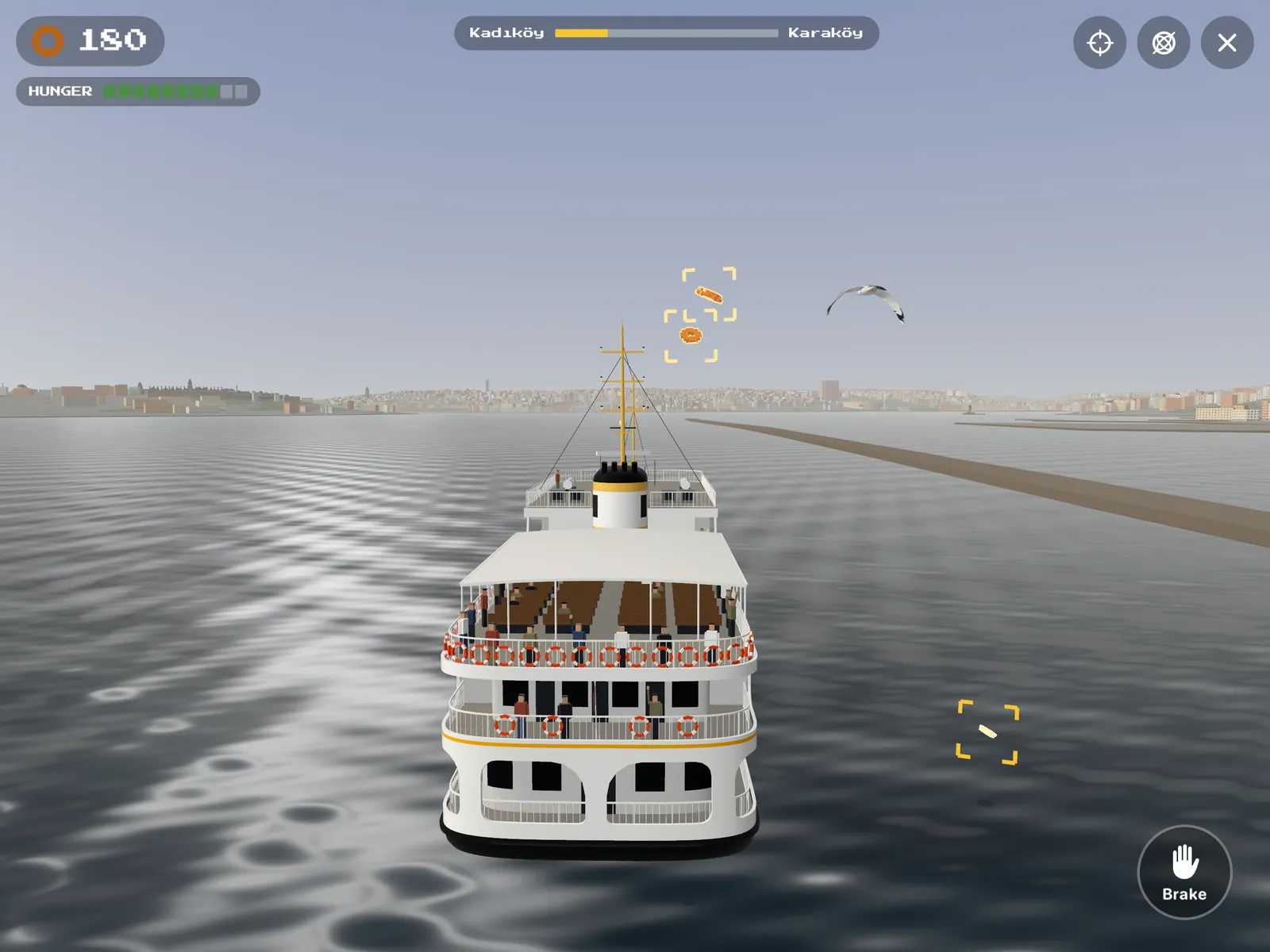 On iPad: the Şehir Hatları ferry seen from behind, passengers on the stern and simits marked in the air above the Bosphorus.